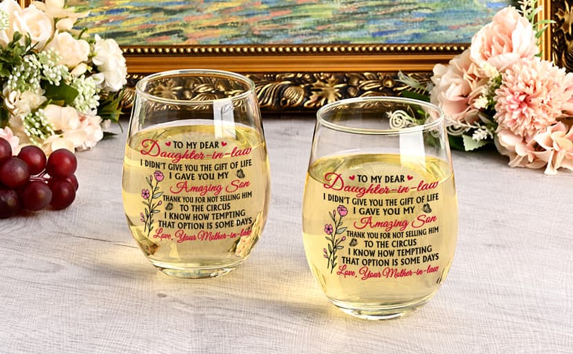 Futtumy Funny Daughter in Law Gifts, To My Dear Daughter-in-laws Stemless Wine Glass for Son's Wife, Mothers Day Birthday Christmas Gifts from Mother-In-Laws, 17 oz