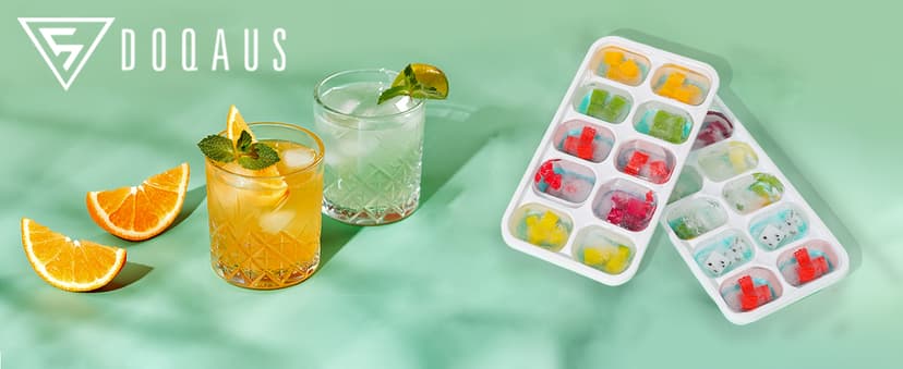 DOQAUS Ice Cube Tray with Lid and Bin - 4 Pack Silicone Ice Cube Trays for Freezer, Stackable Ice Bucket Kits with Storage Container & Scoop for Kitchen, RV, Cocktail, Coffee