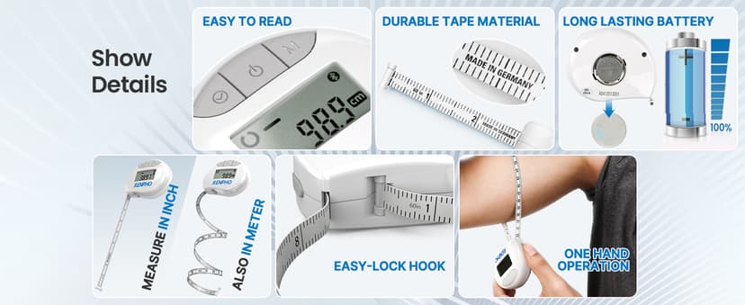 RENPHO Body Measuring Tape, Smart Tape Measure for Weight Loss, Bluetooth Fitness Equipment with App, Measuring Waist, Hip, Bust, Arms, Muscle Gain, Retractable, 60in /150cm, White