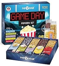 Pop n' Dulge Popcorn Movie Night Supplies 16 pcs Gift Set, 5 Gourmet Popcorn Kernels, 5 Seasoning Variety Packs Non-GMO Kosher Snacks, Great Housewarming Family Date Night Gifts Basket Ideas For Him Her