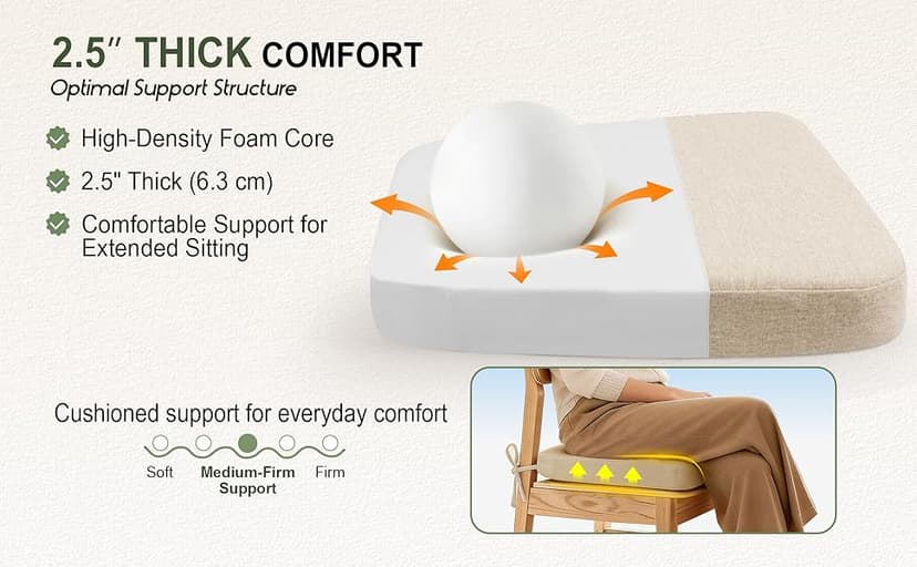 kingphenix Dining Chair Cushions Set of 4, 2.5 inch Thick Kitchen Chair Pads with Ties, Non Slip Bottom, Removable Washable Cover, 17” x 16”, Beige