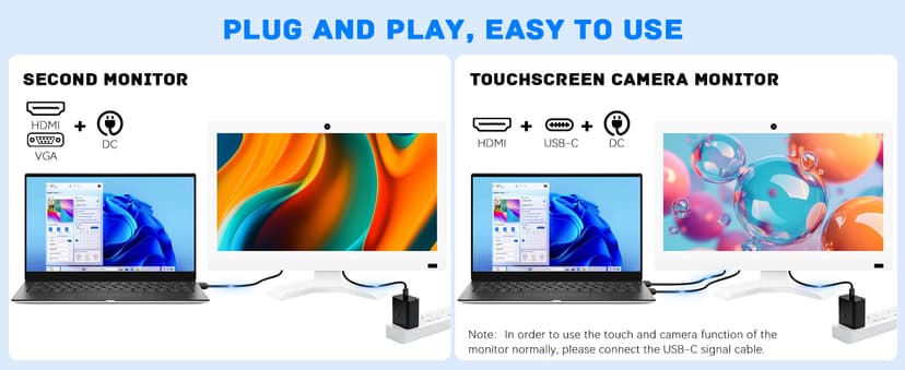 22 inch Touch Screen Monitor with Webcam FHD 1920x1080P Computer Monitor FreeSync HDR HDMI Ports Eye Care Frameless VESA Mount
