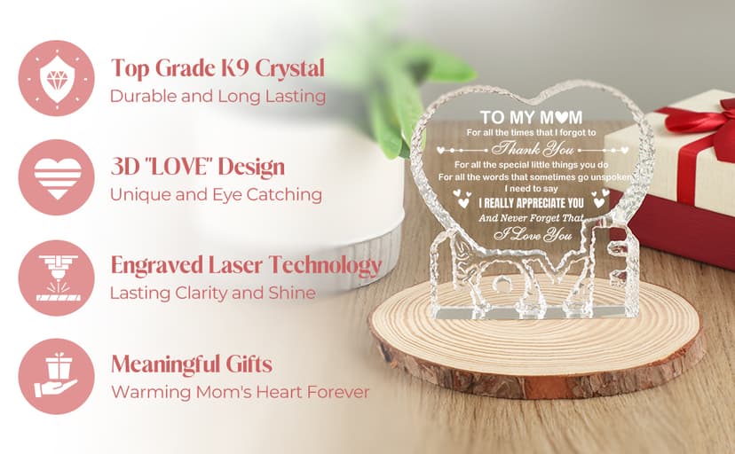 Crystal for Mom, Birthday Gifts for Mom from Daughter Son, K9 Crystal Plaque Keepsake, Best Gift for Mom on Xmas Thanksgiving Anniversary Birthday Mother‘s Day