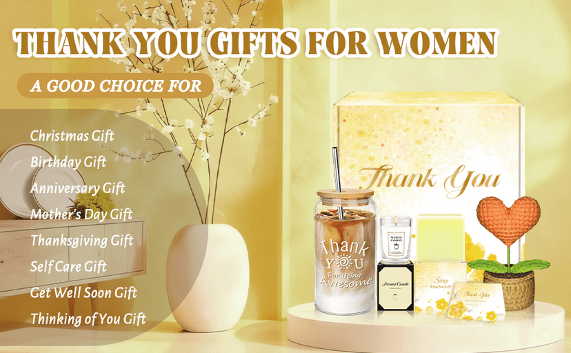 Thank You Gifts for Women, Employee Appreciation Gifts with 16 Oz Glass Cup, Scented Candle, Gift Baskets for Women, Coworker, Teacher, Birthday, Thanksgiving, Christmas, Anniversary (Yellow)