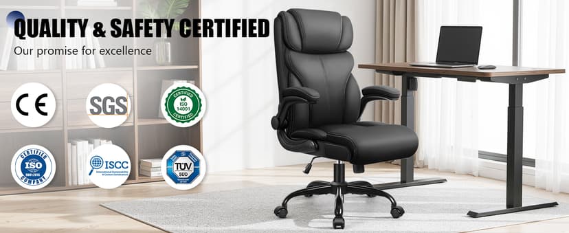 Primy Office Chair, Ergonomic Leather Desk Chair with Flip-up Armrests, Big and Tall High Back Executive Computer & Gaming Chair with Footrest, Comfy Padded, Rocking Function and Lumbar Support(Black)