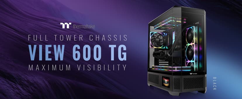 Thermaltake View 600 TG; Full Tower; 420mm Radiator Support; 480mm GPU Clearance; Hidden Connector Support; Rotatable PCIe Slots; 220mm PSU Clearance; Black; CA-11H-00F1WN-00