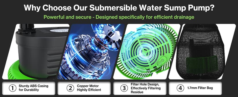 Pool Cover Pump above Ground - Submersible Water Sump Pump Swimming Water Removal Pumps, with Drainage Hose & 25 Feet Extra Long Power Cord, 850 GPH inGround, 3 Adapters