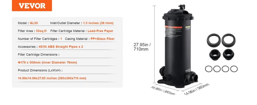 VEVOR 2025 Pro Cartridge Pool Filter Tank & Element for Above Ground & Inground Pools, Large 520-525Sq. Ft Cleaner System Compatible W/Pumps 1 to 3 HP| Up to 15311 GPH |for Pools Up to 122490 Gallons