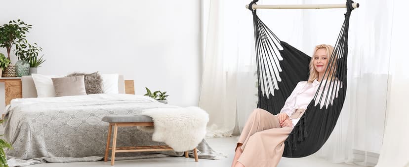 Y- STOP Hammock Chair Hanging Rope Swing, Max 500 Lbs, 2 Cushions Included, Large Macrame Hanging Chair with Pocket, Cotton Weave for Superior Comfort, Durability (Dark Grey)