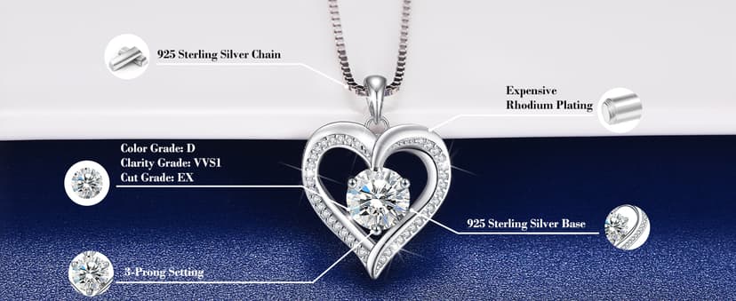 Moissanite Heart Necklaces for Women, 1-3 Carat Moissanite 925 Sterling Silver Necklace, Anniversary Present for Women, Birthday Gifts for Wife, Jewelry Gifts for Christmas, Valentine's Day