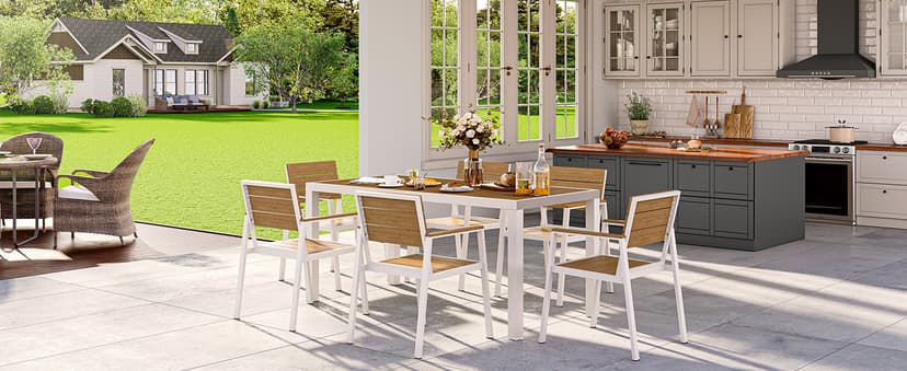 Vexwalx 7-Piece Outdoor Dining Set, Aluminum Dining Table Set for 6, Patio Table and Chairs Set with Umbrella Hole, All Weather HDPS Outdoor Table and Chairs for 6 (Gray-Teak)