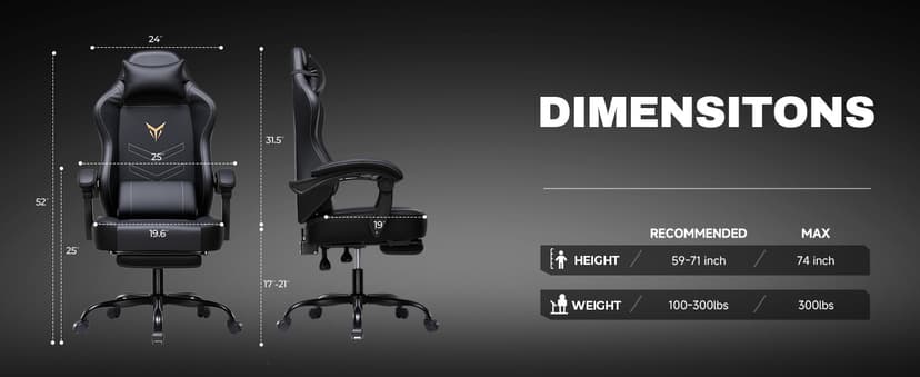 GTPLAYER Gaming Chair, Office Chair High Back Computer Chair with Foot Rest for Adults, Leather Desk Chair Executive Ergonomic Height Adjustable with Headrest and Lumbar Support, 300lbs Black