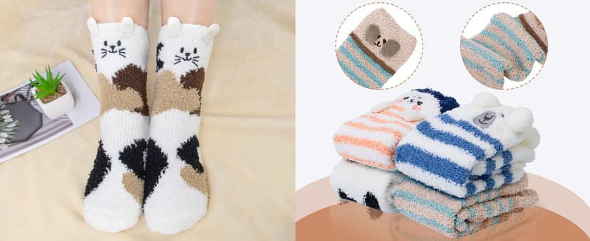 Loritta 3 Pairs Womens Fuzzy Socks Winter Warm Fluffy Soft Slipper Home Sleeping Cute Animal Socks