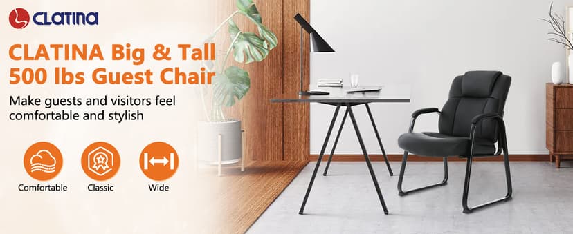 CLATINA Big and Tall Office Chair 500lbs Leather Reception Chair with Bonded Padded Armrest Wide Seat Sled Base Desk Chair No Wheels for Reception Conference Waiting Room Side Office Home, Black