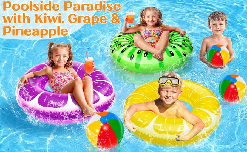 6 Pack Pool Floats Kids, 3 Pcs Inflatable Fruits Swim Tubes Rings & 3 Pcs Rainbow Beach Ball Bulk, Summer Pool Floaties for Kids Adults Swimming Float Toy Hawaiian Party Beach Water Fun Game