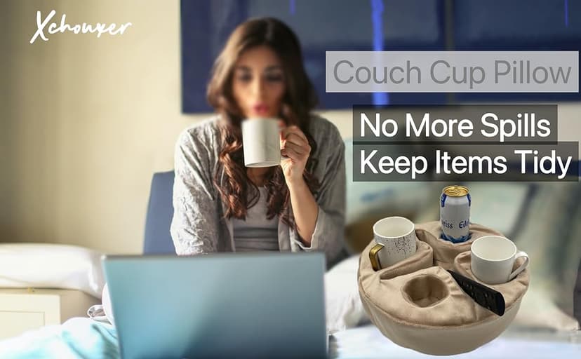 Xchouxer Couch and Bed Cup Holder Pillow, Sofa Organizer Caddy for Drinks, Remotes, Phones, Snacks (Beige) B0BWJ7W36N