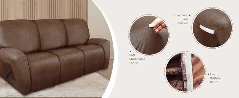 molasofa Recliner Sofa Covers - Leather Like Recliner Sofa 3 Seater Recliner Couch Covers for 3 Cushion Couch 8 Pieces Washable Stretch Reclining Sofa Slipcovers (Brown)
