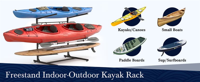 Faesun 3-Tier Kayak Storage Rack, Freestanding Kayak Rack with Paddle Hook, Adjustable Heavy Duty Kayak Stand with Ground Pegs, Storage Rack for Kayak, Canoe, Surfboard & Paddleboard