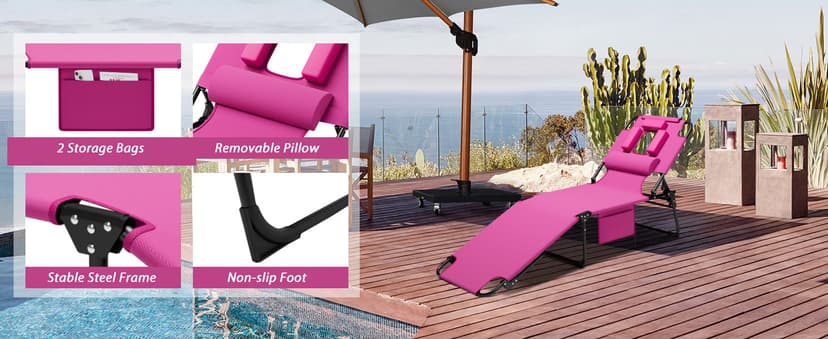 400lbs Tanning Chair, 5-Fold Beach Lounge Chair with Face Hole & 2 Side Pockets, Non-Slip Foot & Portable Handle, Beach Chaise Lounge for Patio/Pool/Lawn(1, Pink)