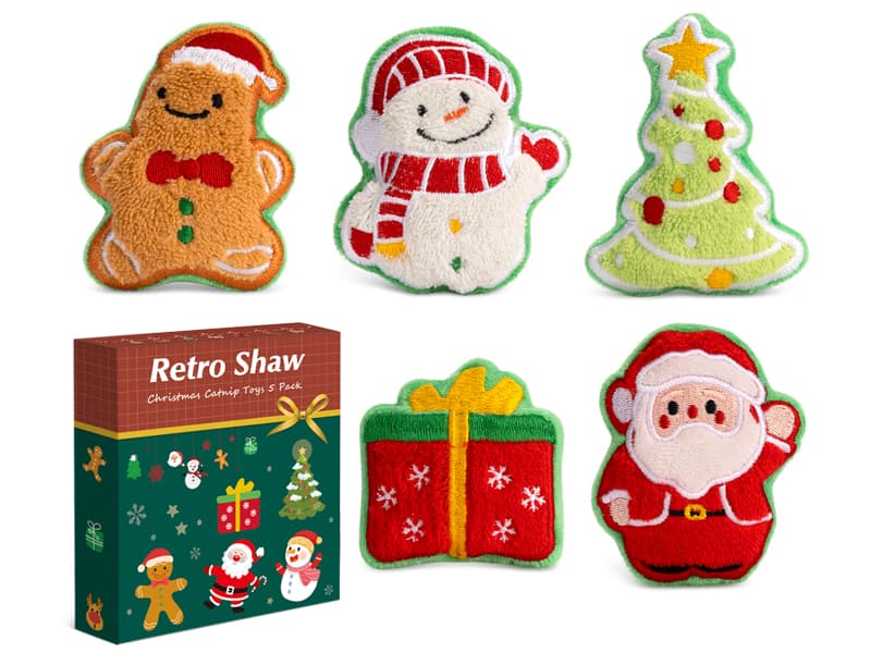Retro Shaw Christmas Cat Toys, Xmas Catnip Toys for Indoor Cats Kitten Teeth Cleaning, Crinkly Interactive Cat Chew Nip Kitty Kicker Toy Santa Claus Trees Snowman, 5 Pack