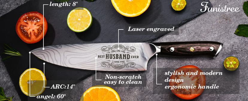 Anniversary Men Gifts for Him Husband, 8 inch Professional German Stainless Steel Chef Knife, Engraved Best Husband Ever Knife Gift, Christmas Anniversary Birthday Gifts for Men Husband