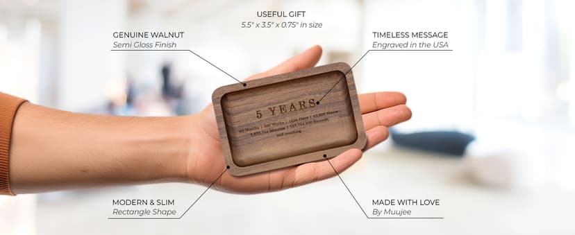 MUUJEE Ring Dish - Engraved Rectangle Wood Tray Small Jewelry Dish 5 Year Wedding Anniv Gifts Ideas (Small - 5.5 x 3.5 inches)