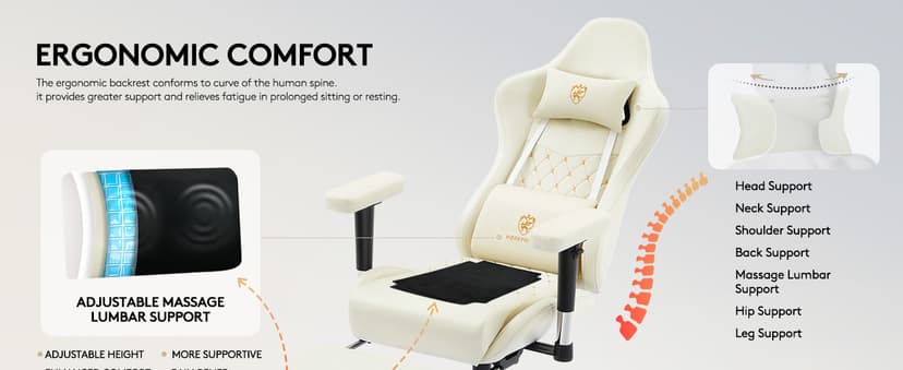 Gaming Chair,Computer Office Chair with Footrest,Massage Lumbar Support and Gel Pad,Ergonomic Reclining Leather Gamer Chair with Headrest,Adjustable Armrests and Spring Cushion Ivory