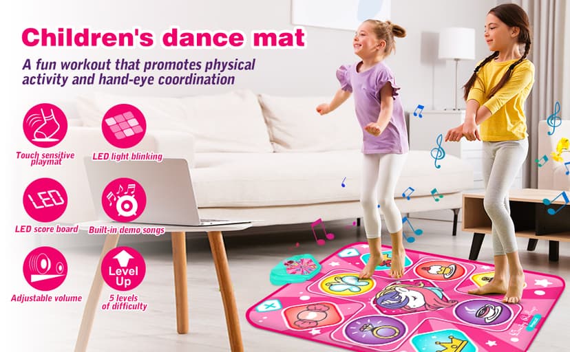 Unicorn Dance Mat, Dance Mixer Rhythm Step Play Mat, Pink Dance Pad with LED Lights, Adjustable Volume, Built-in Music, 5 Game Modes, Xmas B-Day Gifts for 3-12 Years Old Girls Toys