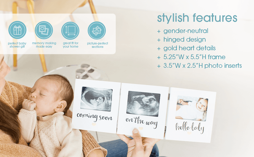 Pearhead Triple Sonogram Keepsake Photo Frame, Gender Neutral Ultrasound Keepsake, Ideal Pregnancy Gift For First Time Moms, Baby Shower and Nursery Decor, 3.5”x2.5” Photo Insert, White