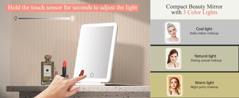 FUNTOUCH Rechargeable Travel Makeup Mirror with 72 Led Lights, Portable Lighted Beauty Mirror, 3 Color Lighting, Dimmable Touch Screen, Tabletop LED Folding Cosmetic Vanity Mirror
