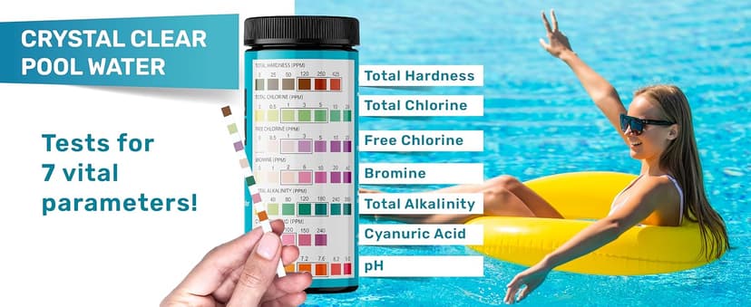 JNW 7-in-1 Pool Test Strips, 150 Quick & Accurate Test Strips for Pool Water, Spa Test Strips for Hot Tub, Chlorine Test Strips, Bromine, pH, Alkalinity, Hardness & More - Swimming Pool Test Kit