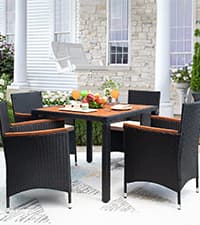 Devoko Dining 7 PCS Furniture, Patio Conversation Set with Acacia Wood Table Top, Outdoor, Beige Cushion and Black Rattan