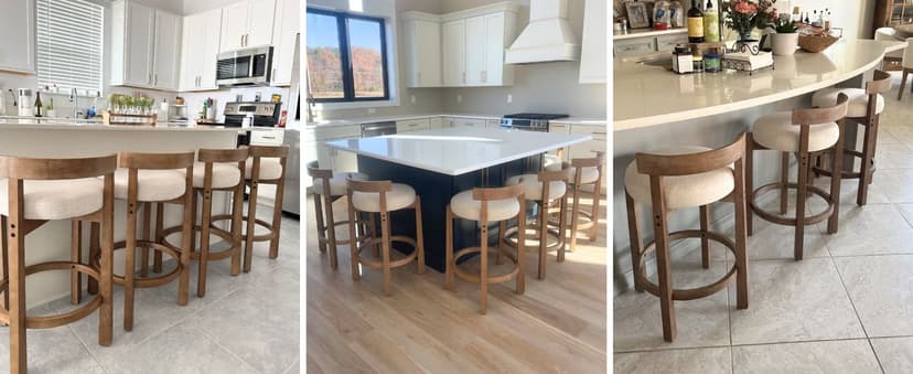 LukeAlon Mid Century Linen Counter Stools Set of 3, Upholstered 26.5" Seat Height Low Barstools with Natural Wood Legs Round Low Back Kitchen Stools with Footrest for Dining Room, Beige