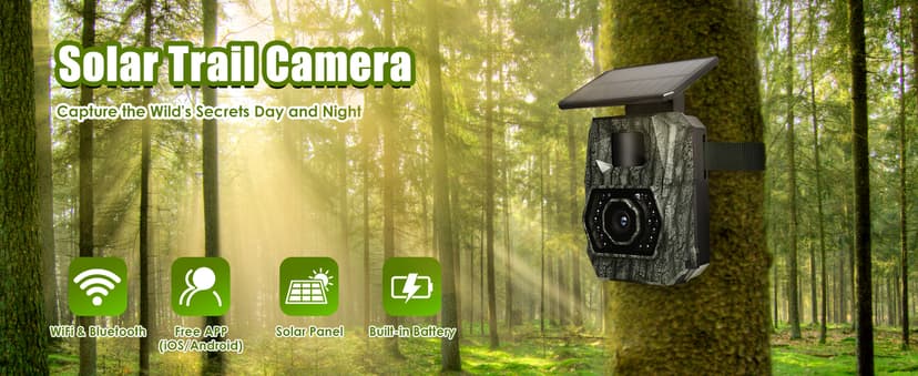 MAXDONE Solar Trail Camera WiFi Bluetooth - 48MP 30fps Game Camera with 5200mAh Rechargeable Battery, 0.1s Trigger Speed Motion Activated Trail Cam IP66 with 32GB TF Card for Wildlife Monitoring