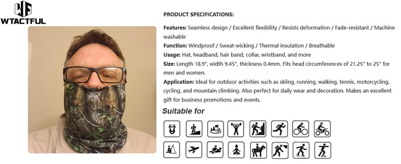 WTACTFUL 2-Pack Camouflage Face Mask Bandana for Men Women - Breathable, Seamless, Moisture Wicking & Versatile