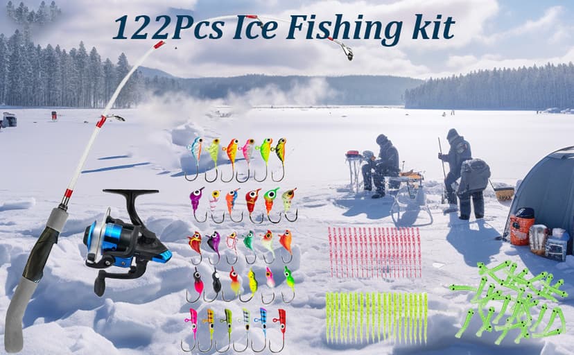 Generic 122Pcs Ice Fishing Rod Reel Combo, 24" Medium Light Ice Fishing Rod Kit with Ice Fishing Jigs, Lures for Trout, Walleye, Perch, Panfish Bluegill Crappie