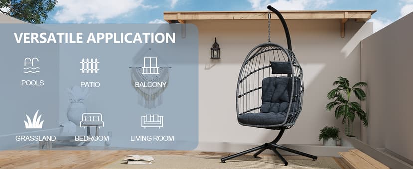 SWITTE Egg Chair Outdoor with Stand, Indoor Wicker Hanging Egg Swing Chair with Cushion, 350lbs Capacity for Patio, Bedroom, Garden - Dark Grey