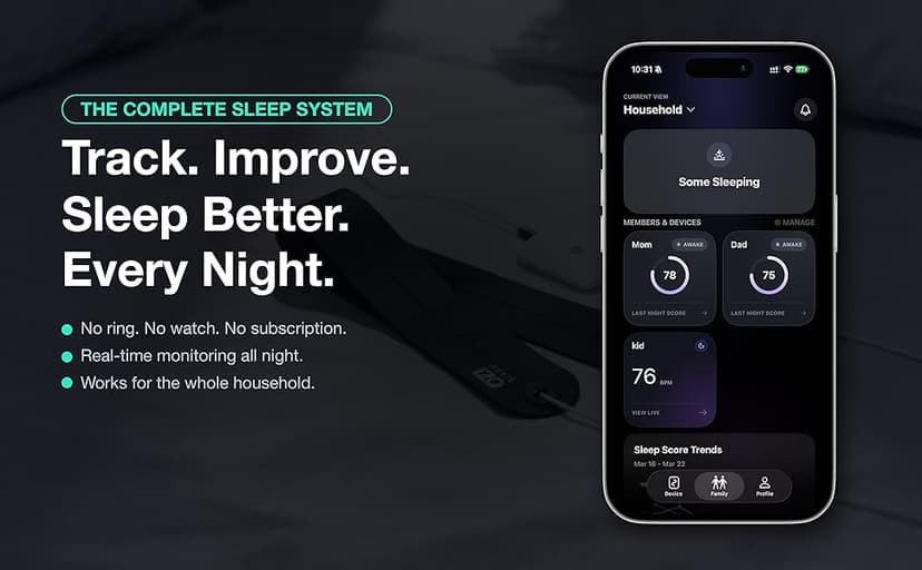 Non-Wearable Contactless Sleep Tracker & Sleep Monitor Device for Adults and Kids | No Subscription, Heart Rate, Breathing & Sleep Stage, Real-Time Monitoring, Smart Alarm