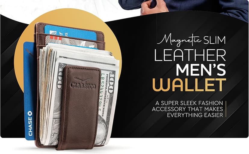 Claasico Money Clip Leather Wallet For Men Slim Front Pocket RFID Blocking with Super Strong Magnetic