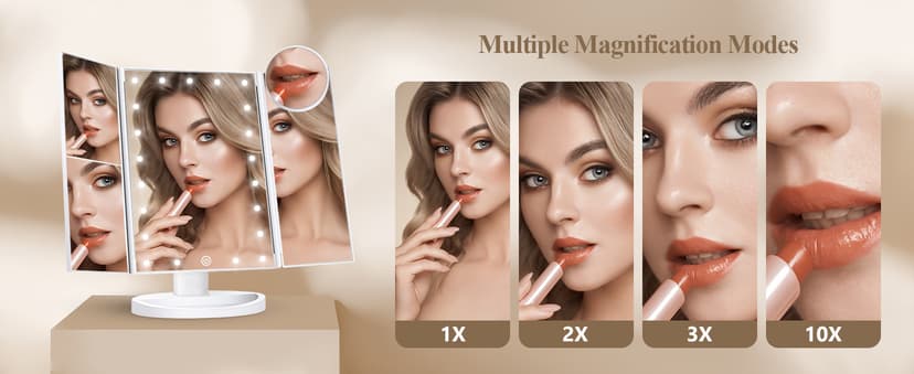 HUONUL Makeup Mirror Vanity Mirror with Lights, 2X, 3X, 10X Magnification, Touch Control, Trifold, White, 9.4" L x 13.4" W, Modern Style, Dresser Mount, Bathroom