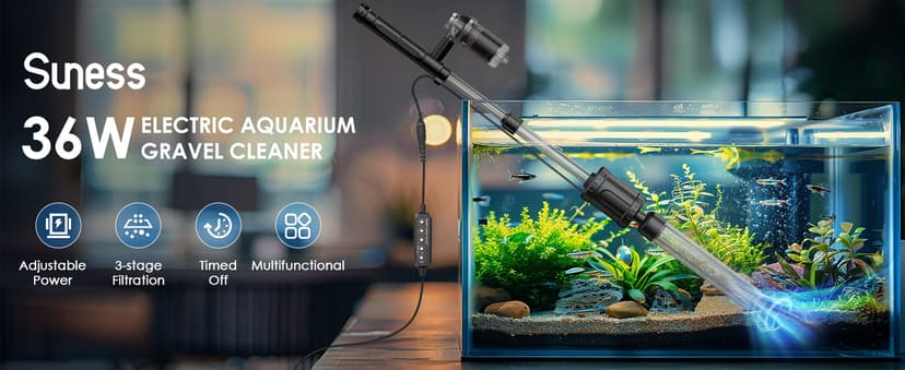 36W Fish Tank Vacuum Gravel Cleaner Electric: Aquarium Vacuum Gravel Cleaner with Strong Suction for Automatic Water Change Algae Cleaner Sand Wash Water Circulation and Water Shower, Timed Off