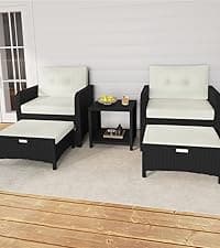 Yaheetech 3 Pieces Rattan Bistro Set, Outdoor Wicker Patio Modern Conversation Furniture, 2 Chairs & Tempered Glass Coffee Table for Garden, Balcony, Backyard, Poolside, Black/Beige
