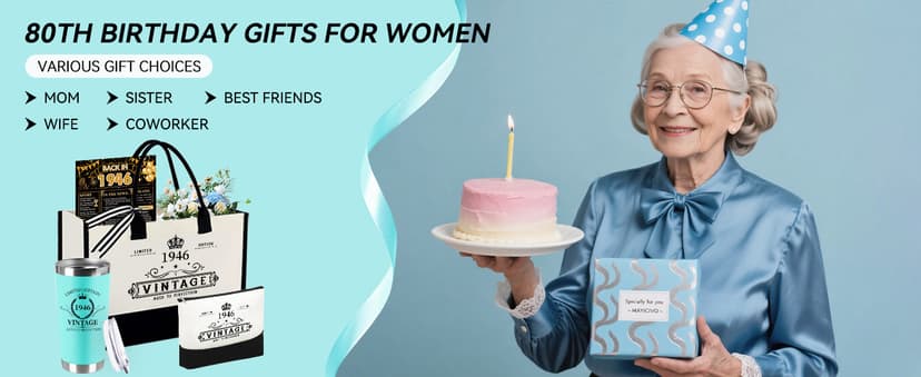 80th Birthday Gifts for Women Her- 4 pcs, Turning 80 Year Old Gifts, Decorations Canvas Beach Tote Bag & Makeup Bag, Unique Happy 80th Birthday gifts for Her Mom Wife Friends