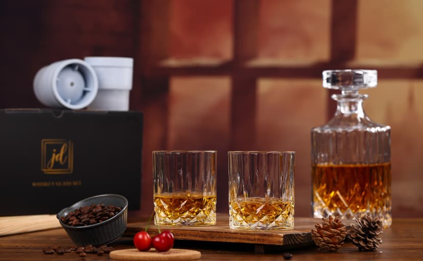 Whiskey Rocks Glass Set In Gift Box - Includes 2 Crystal Bourbon Glasses and 2 Big Ice Ball Molds - 10 Oz Old Fashioned Glasses for Scotch, Cocktails, Rum, Cognac, Vodka - Unique Gift for Men