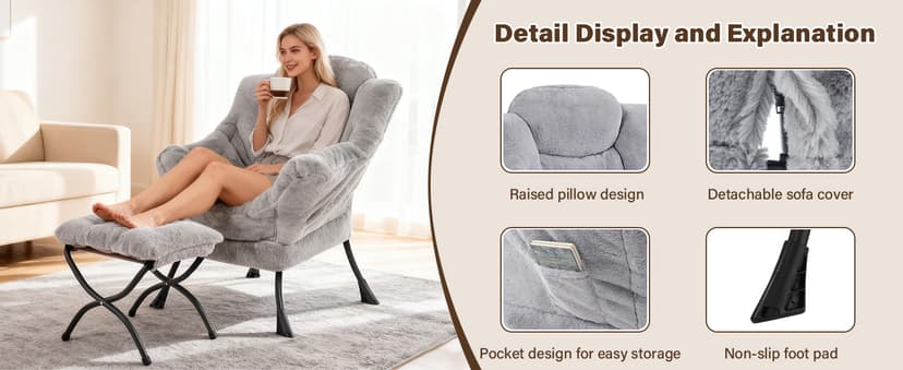 Welnow Lazy Chair with Ottoman, Modern Accent Chair with Armrests and a Side Pocket, Leisure Sofa Armchair, Reading Armchair with Footrest for Small Space, Dark Grey