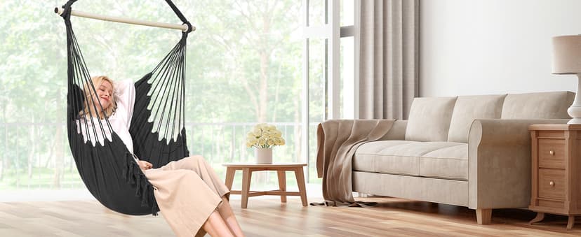 Y- STOP Hammock Chair Hanging Rope Swing, Max 500 Lbs, 2 Cushions Included, Large Macrame Hanging Chair with Pocket, Cotton Weave for Superior Comfort, Durability (Dark Grey)