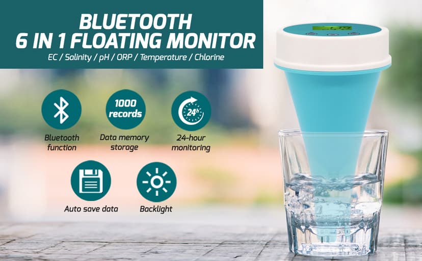 6-in-1 Wireless Water Quality Tester Bluetooth Floating Water Quality Monitor for Pools, Spas, and Hydroponics - pH, EC, ORP, Chlorine, Salinity, and Temperature Measurement