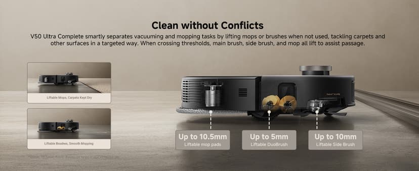 Mova V50 Ultra Complete Robot Vacuum and Mop Self-Cleaning, 24,000 Pa Suction, Liftable Navigation with Obstacle Overcoming and Warm Water Mopping with DuoSolution System Designed for Pets, Black