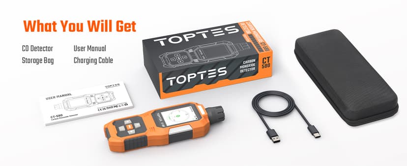 TOPTES CT-580 Portable Carbon Monoxide Detector, Rechargeable CO Detector with Vibration, Visual & Audible Alarms, 0-1000PPM, TFT Color Display for Home, Camping, Travel, Industrial & Professional Use