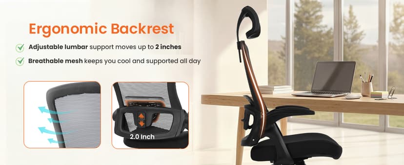 NEO CHAIR Office Desk Chair Gaming Computer High Back Support Mesh Comfy Seat with Adjustable Ergonomic Headrest Lumbar Rolling Flip-up Armrests and Wheels (Black)